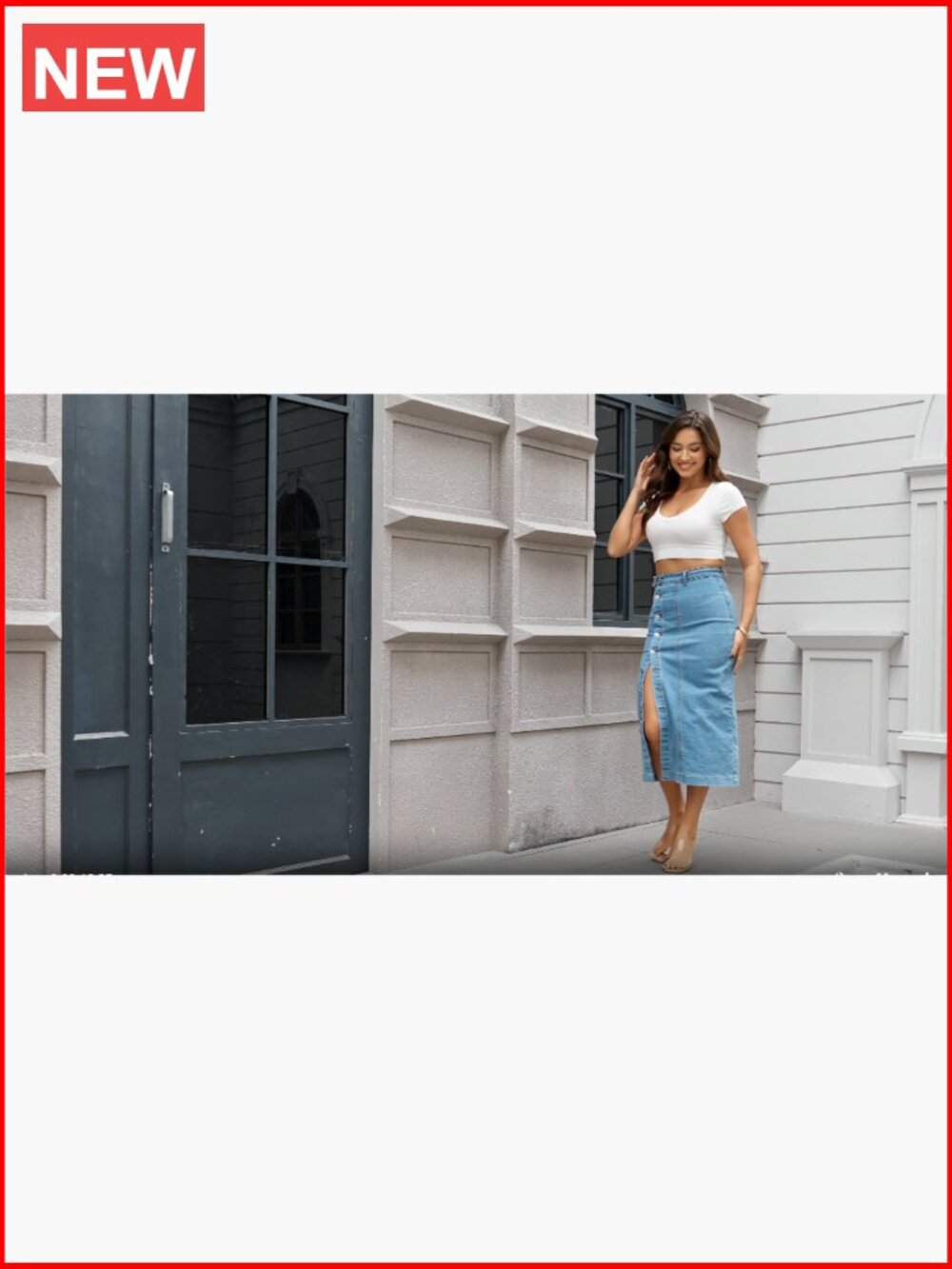 High Waisted Denim Skirt with Button Front and Side Slit Midi Length - Picture 6 of 6